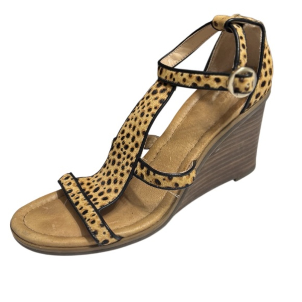 Dr Scholl’s Jacobs Sandals Leopard Print T-Strap Wedge Tan & Black Womens Size 7